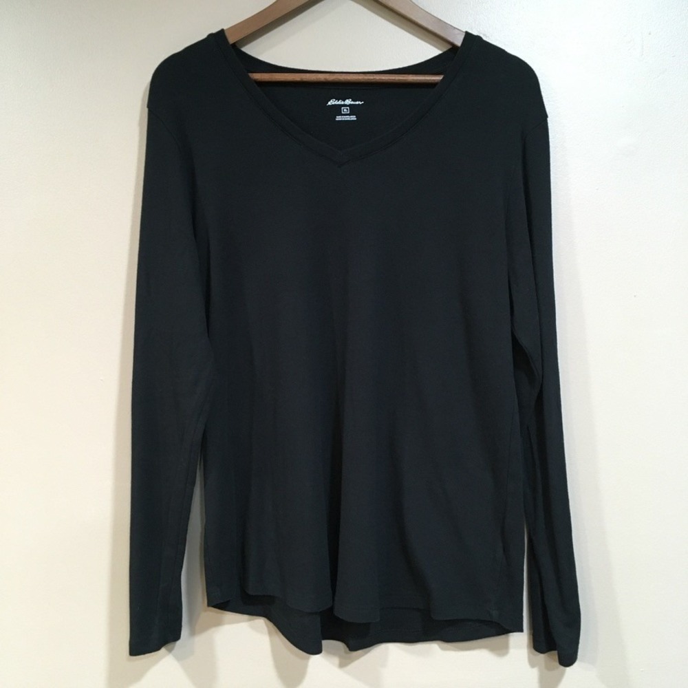Eddie Bauer V-Neck Long Sleeve T-Shirt Womens XL Black Everyday Casual Basic